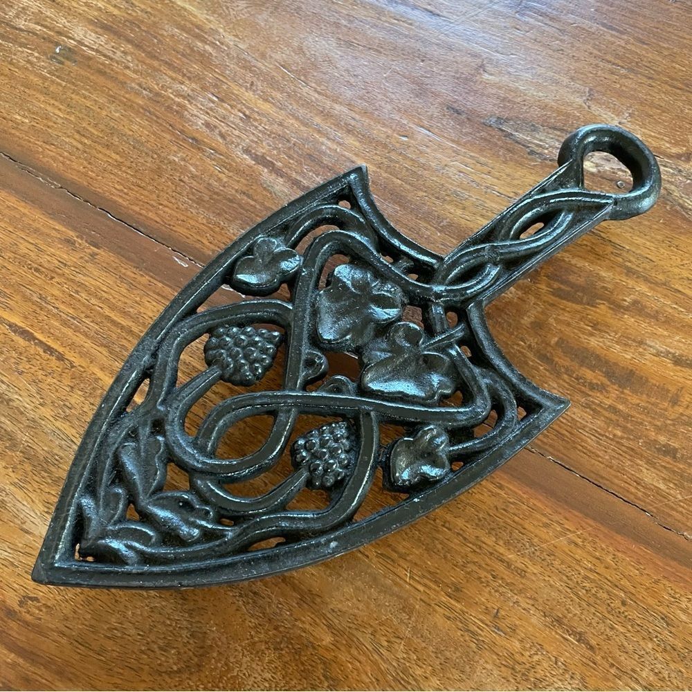 Vintage Cast Iron Shield Trivet with Floral Motif - Wall Decor, Table Use